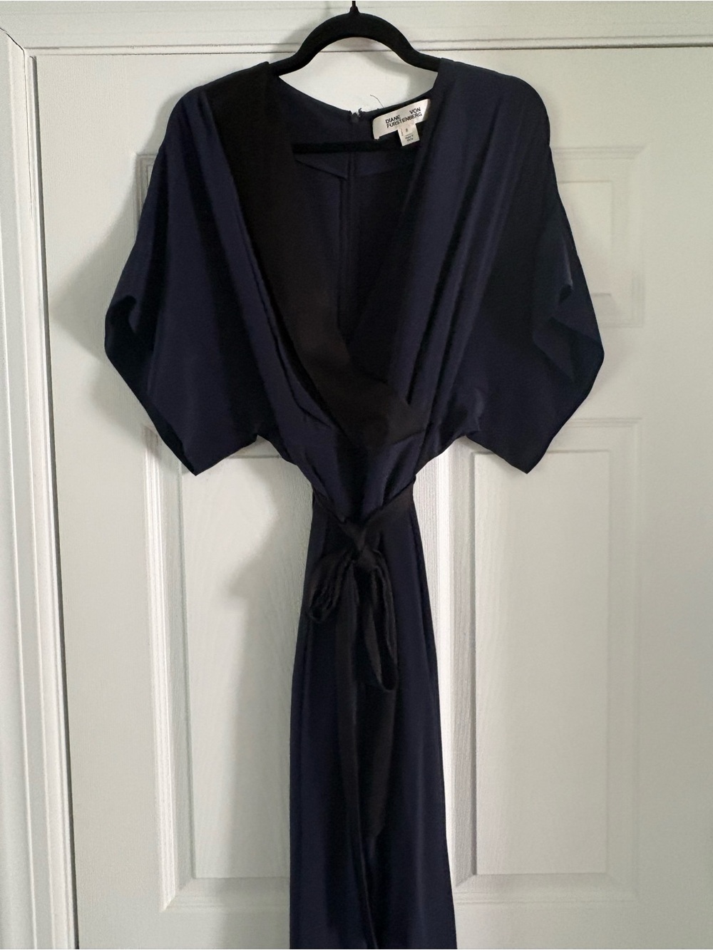 Diane von Furstenberg Black and Blue Silk Wrap Jumpsuit